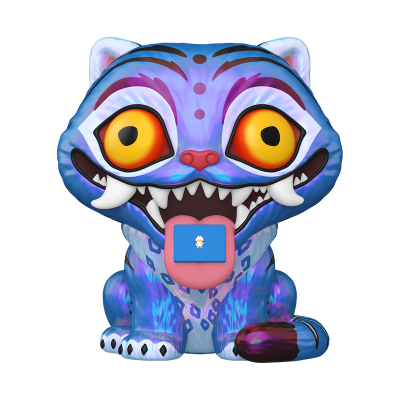 Figura colecionável de gato azul com olhos grandes e língua de fora