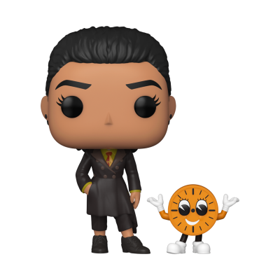 Funko Pop de personagem com casaco cinzento acompanhado de figura de relógio amarelo sorridente