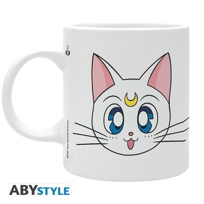 Caneca branca com rosto de gato desenhado e logo ABYSTYLE