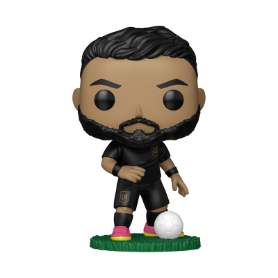 Funko Pop de jogador de futebol com roupa preta e bola branca numa base verde