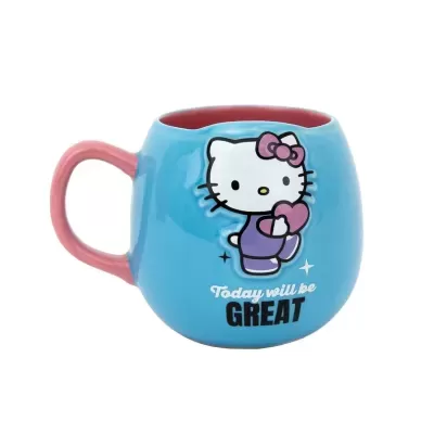 Caneca azul com alça rosa decorada com Hello Kitty e texto motivacional