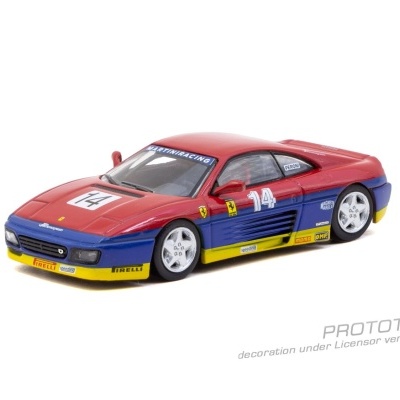 Miniatura de carro de corrida vermelho, azul e amarelo com número 14 e inscrições de patrocinadores.