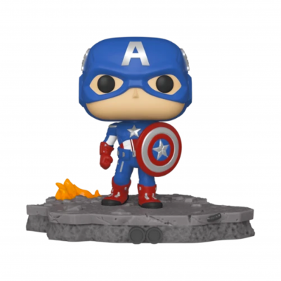 Figura Funko Pop do Capitão América em vinil com escudo e base cinzenta.