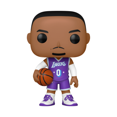 Boneco Funko Pop de jogador de basquetebol dos Lakers com bola e uniforme roxo