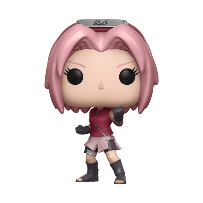 Figura Funko Pop da personagem Sakura com cabelo rosa e roupa vermelha e rosa