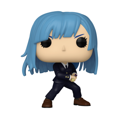 Figura colecionável Funko Pop cabelo azul roupa preta pose de luta