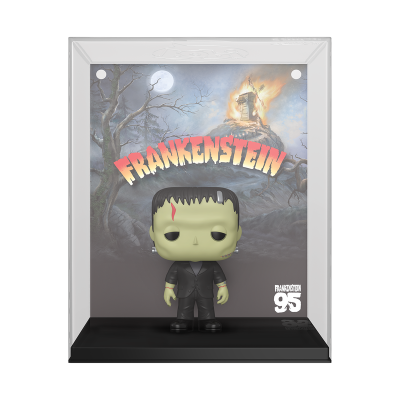 Figura Funko Pop do Frankenstein em caixa de exposição com fundo ilustrado.