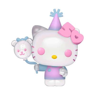 Figura colecionável Hello Kitty com chapéu de festa e balão de ursinho