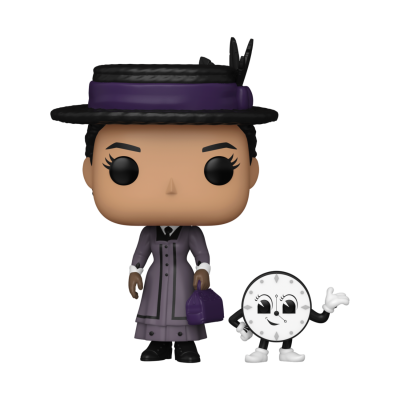Figura Funko Pop com vestido roxo e preto e boneco relógio branco
