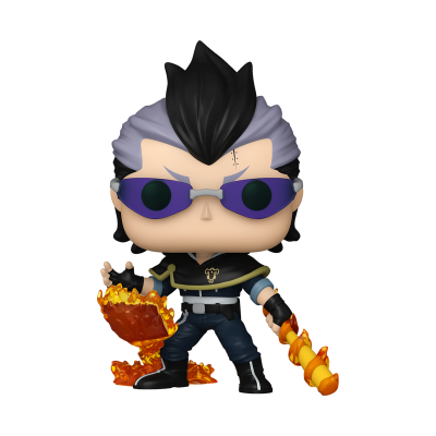 Funko Pop personagem com cabelo preto e castanho claro, óculos roxos, roupa preta, segurando bastão com fogo