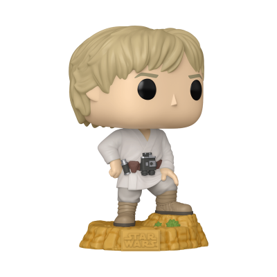 Figura Funko Pop de Luke Skywalker da saga Star Wars sobre base amarela com texto STAR WARS.