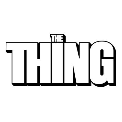 Texto THE THING em letras grandes brancas com contorno preto