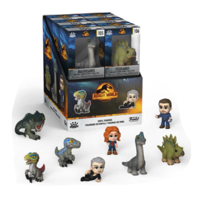Mini figuras Funko Pop Jurassic World com dinossauros e personagens em exposição