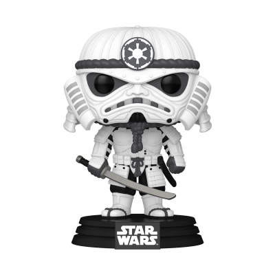 Figura Funko Pop Stormtrooper Star Wars com armadura branca e katana em base preta
