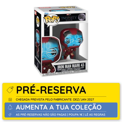 Figura Funko Pop Iron Man Mark 43 na caixa da Marvel Infinity Saga