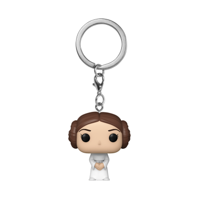 Porta-chaves da Princesa Leia Funko Pop com roupa branca e cabelo castanho