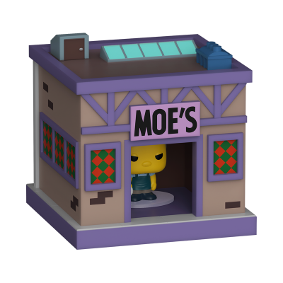 Pequena figura Funko Pop da taverna Moes dos Simpsons com janela xadrez e placa MOES