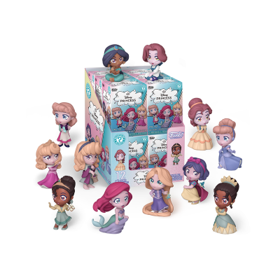 Figuras colecionáveis de princesas Disney em miniaturas coloridas junto de caixas com texto DISNEY PRINCESS