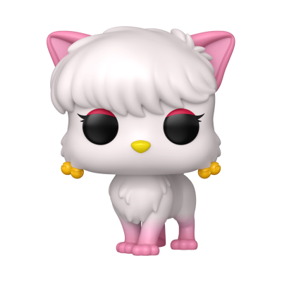 Figurinha de gato branco com patinhas cor-de-rosa, olhos pretos e brincos amarelos