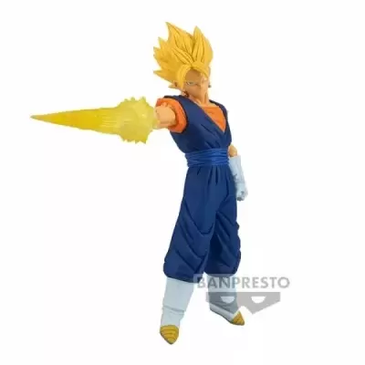 Figura de ação de personagem com cabelo amarelo e roupa azul com energia amarela