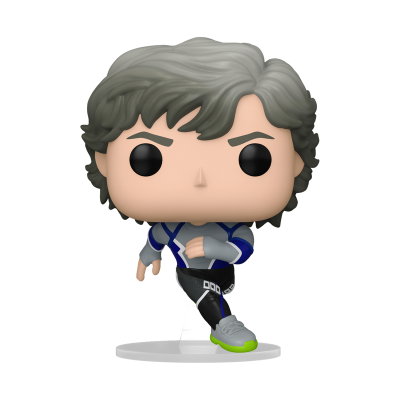 Figura Funko Pop com cabelo cinzento e fato cinzento, azul e preto
