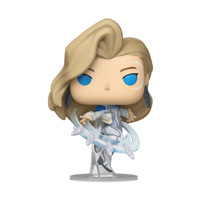 Figura Funko Pop com cabelo loiro e roupa branca e azul com detalhes cinzentos