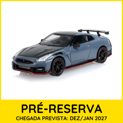 Modelo de carro desportivo cinza e preto com detalhes vermelhos e asa traseira.