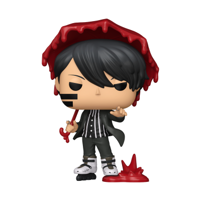 Figura Funko Pop com guarda-chuva vermelho e roupa preta e branca