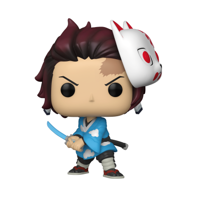 Figura Funko Pop de personagem com quimono azul e máscara branca segurando espada azul