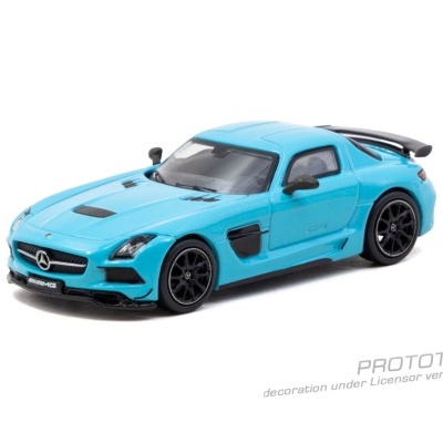 Miniatura de carro desportivo azul com detalhes pretos e logótipo Mercedes-Benz