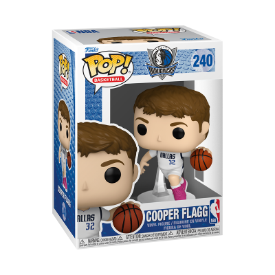 Funko Pop! Cooper Flagg com uniforme Dallas Mavericks e bola de basquete na caixa