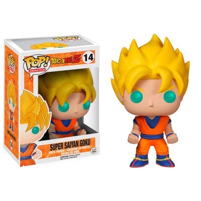 Boneco Funko Pop! Super Saiyan Goku de Dragon Ball Z, com cabelo amarelo e roupa laranja e azul, dentro e fora da caixa