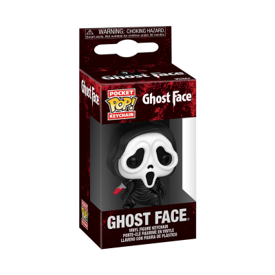 Chaveiro Funko Pop Ghost Face em embalagem vermelha e preta