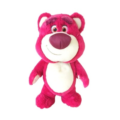 Ursinho de peluche rosa com barriga branca e nariz roxo