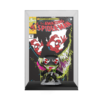 Figura Funko Pop do Venom diante de capa de comic The Amazing Spider-Man