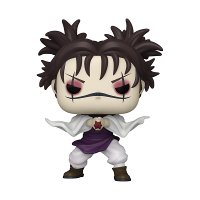 Figura colecionável Funko Pop de personagem com cabelo castanho escuro e olhos cor de vinho em pose de combate