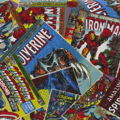Capas de quadrinhos Marvel com Wolverine, Iron Man e Spider-Man em cores vibrantes