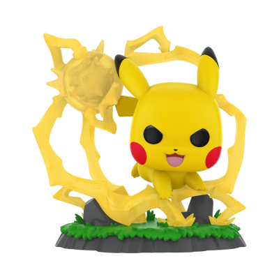 Funko Pop de Pikachu com aura elétrica amarela sobre base de grama e rochas