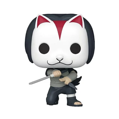 Figura Funko Pop com máscara de gato e espada em pose de combate
