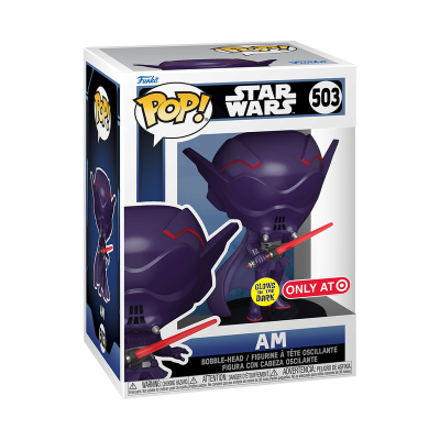 Funko Pop! Star Wars número 503 AM roxo com detalhes vermelhos na caixa