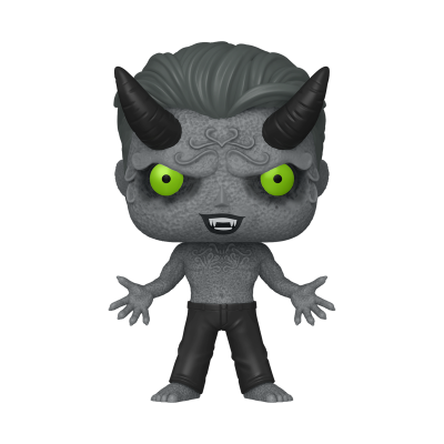 Figura Funko Pop demoníaca cinza com olhos verdes e chifres pretos