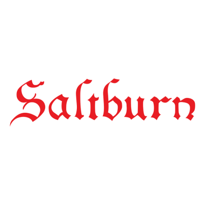 Texto SALTBURN vermelho em fonte gótica sobre fundo branco