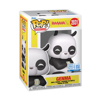 Figura Funko Pop Genma Ranma 1/2 número 2031 em caixa amarela e branca com personagem panda estilo vinil.