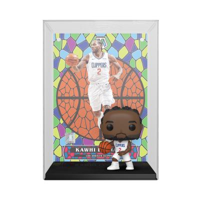 Figura colecionável Funko Pop do jogador Kawhi Leonard dos Los Angeles Clippers com fundo colorido e base preta