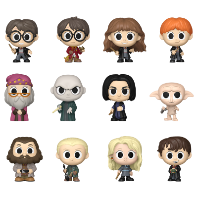 Doze bonecos Funko Pop de personagens de Harry Potter em fundo branco
