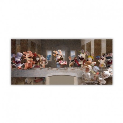 Paródia da Última Ceia com coelhos animados coloridos em pintura horizontal.