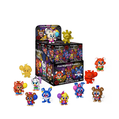 Miniaturas de vinil Five Nights at Freddy's coloridas em volta de caixa expositora preta