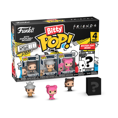 Caixa de Funko Pop! Bitty Friends com 4 personagens, incluindo Ross Geller e Chandler Bing, e uma figura misteriosa em caixa preta.