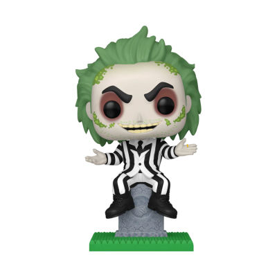 Figura colecionável estilo Funko Pop com cabelo verde e fato às riscas preto e branco