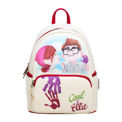 Mochila branca com imagem dos personagens Carl e Ellie e texto Carl & Ellie